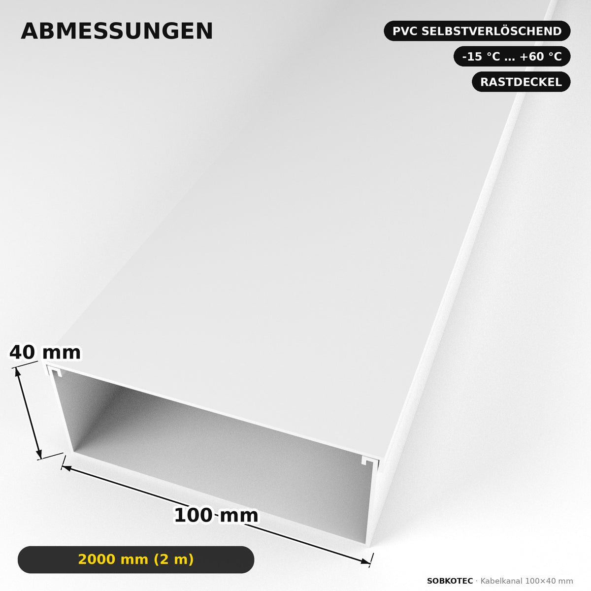 Kabelkanal - 100x40 mm Weiß - Selbstklebend, 2 m — Kabel versteckt, Wand sauber
