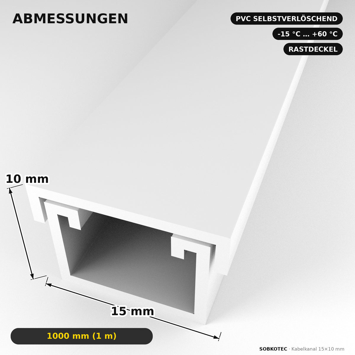 Kabelkanal - 15x10 mm Weiß - Selbstklebend, 1 m — Kabel versteckt, Wand sauber