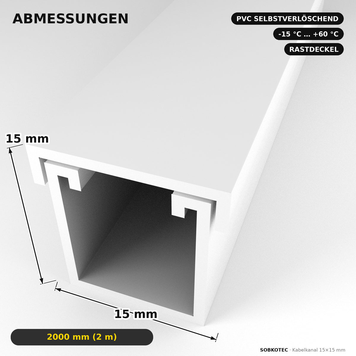 Kabelkanal - 15x15 mm Weiß - Selbstklebend, 2 m — Kabel versteckt, Wand sauber