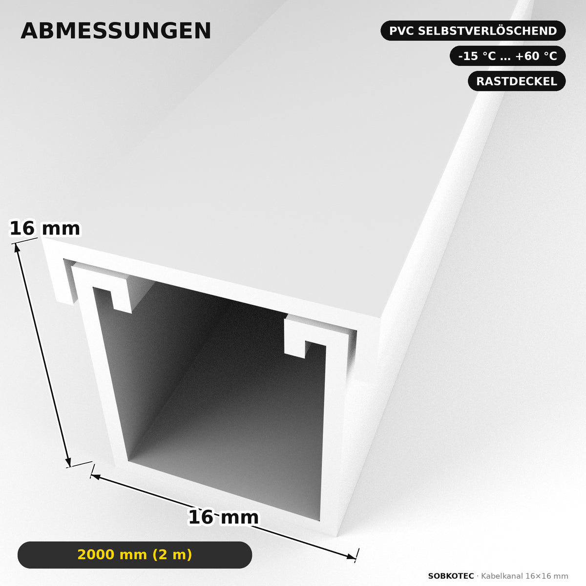 Kabelkanal - 16x16 mm Weiß - Selbstklebend, 2 m — Kabel versteckt, Wand sauber