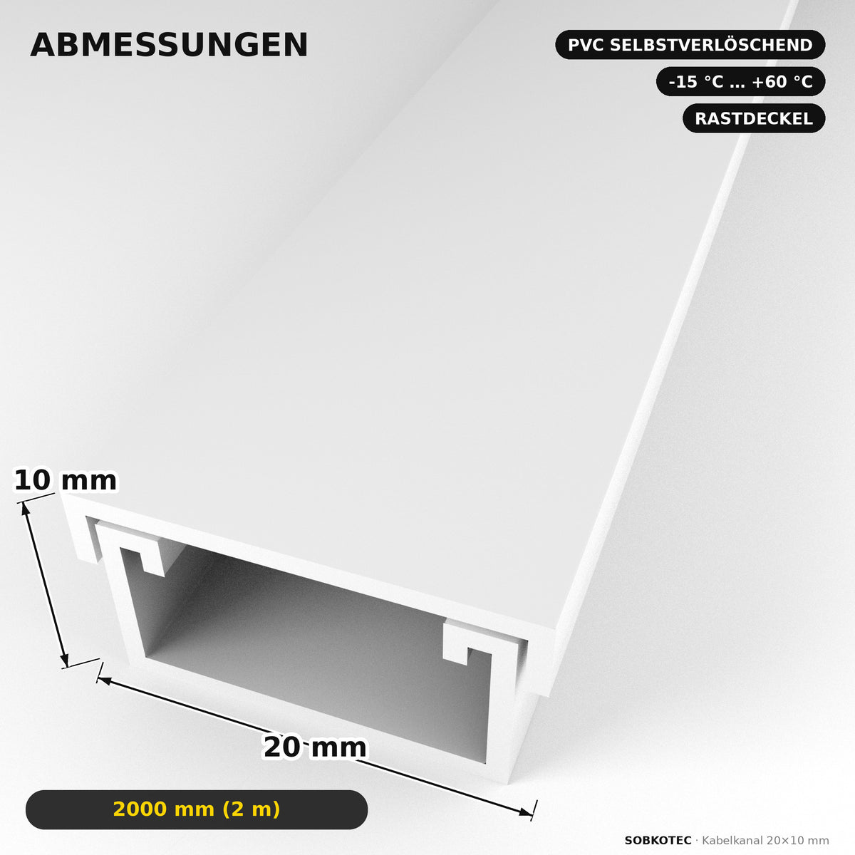 Kabelkanal - 20x10 mm Weiß - Selbstklebend, 2 m — Kabel versteckt, Wand sauber