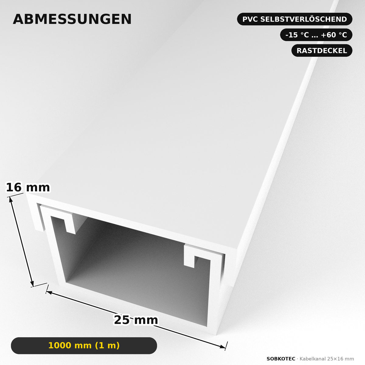 Kabelkanal - 25x16 mm Weiß - Selbstklebend, 1 m — Kabel versteckt, Wand sauber