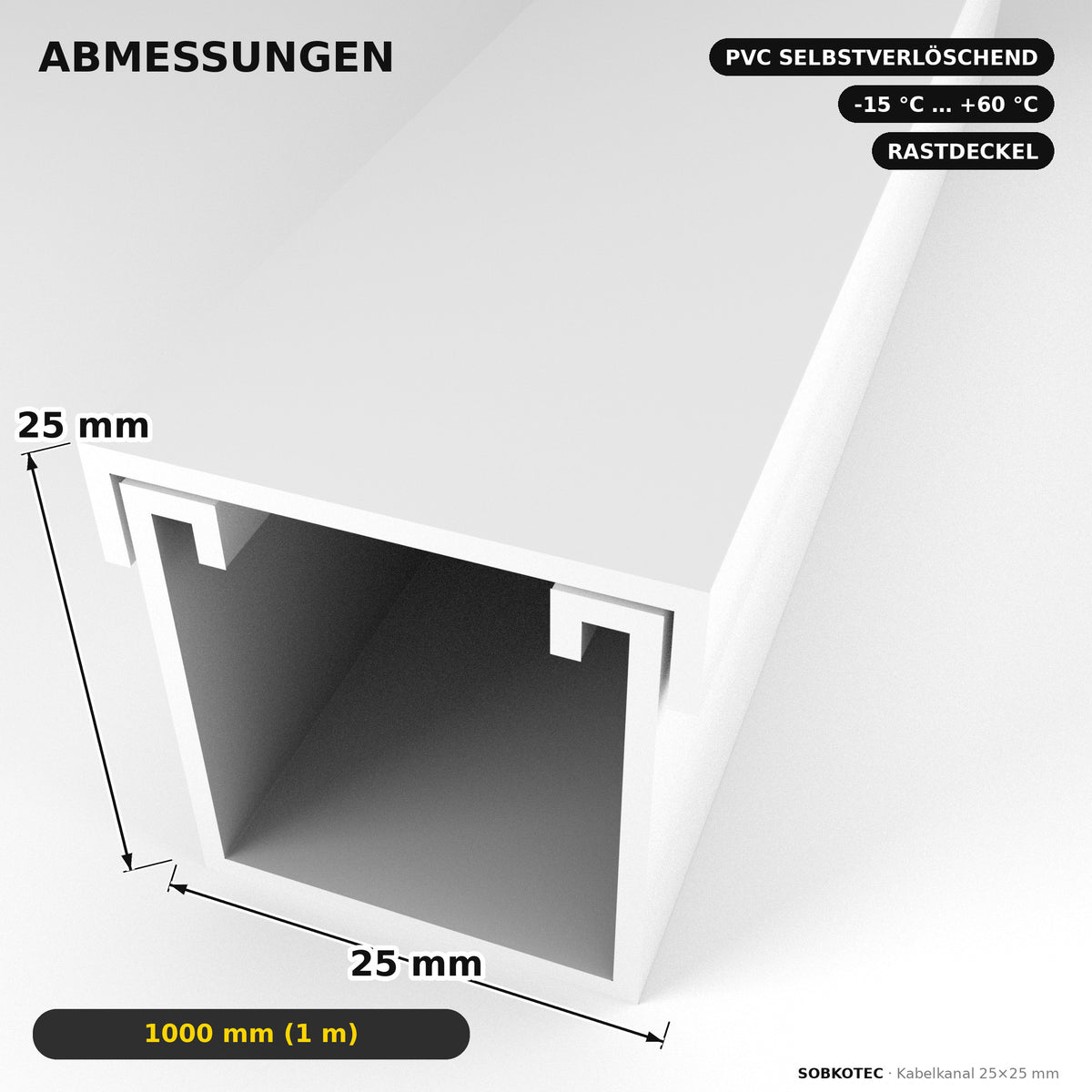 Kabelkanal - 25x25 mm Weiß - Selbstklebend, 1 m — Kabel versteckt, Wand sauber