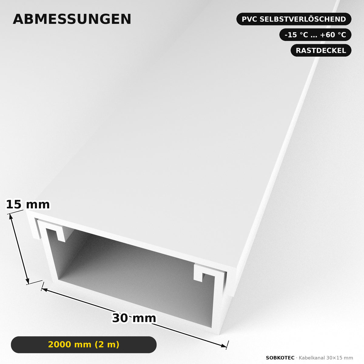 Kabelkanal - 30x15 mm Weiß - Selbstklebend, 2 m — Kabel versteckt, Wand sauber