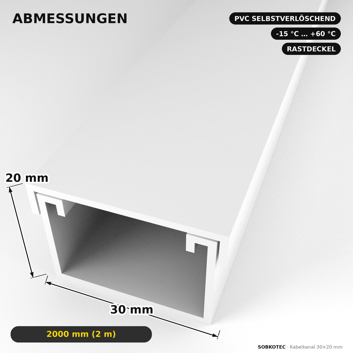 Kabelkanal - 30x20 mm Weiß - Selbstklebend, 2 m — Kabel versteckt, Wand sauber