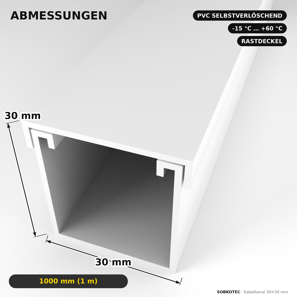 Kabelkanal - 30x30 mm Weiß - Selbstklebend, 1 m — Kabel versteckt, Wand sauber