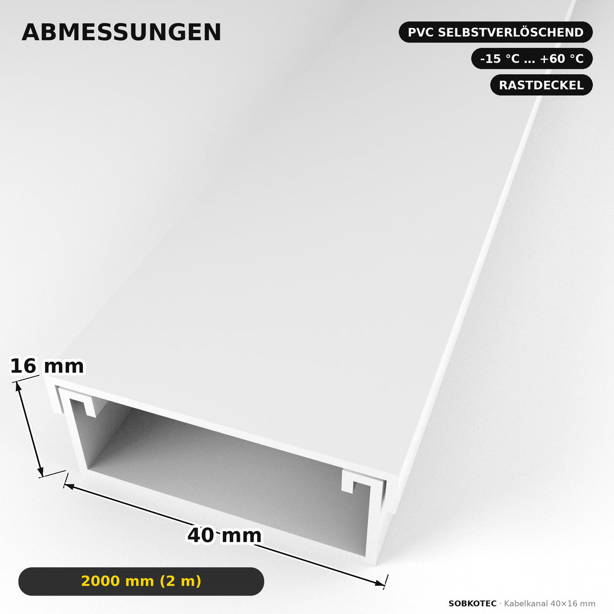 Kabelkanal - 40x16 mm Weiß - Selbstklebend, 2 m — Kabel versteckt, Wand sauber