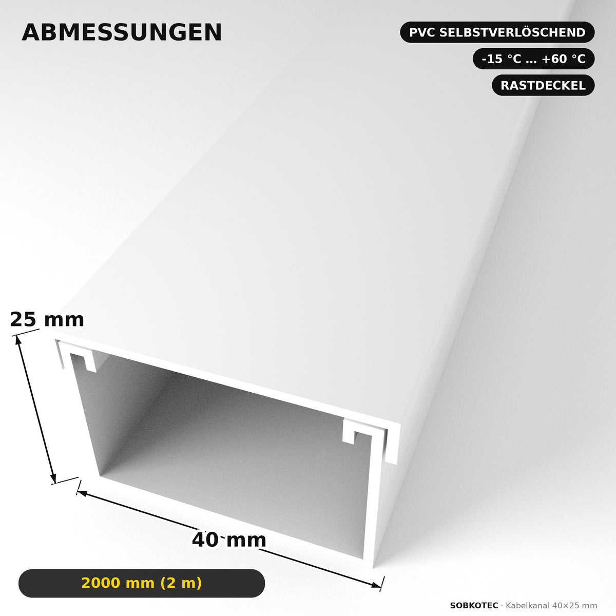 Kabelkanal - 40x25 mm Weiß - Selbstklebend, 2 m — Kabel versteckt, Wand sauber