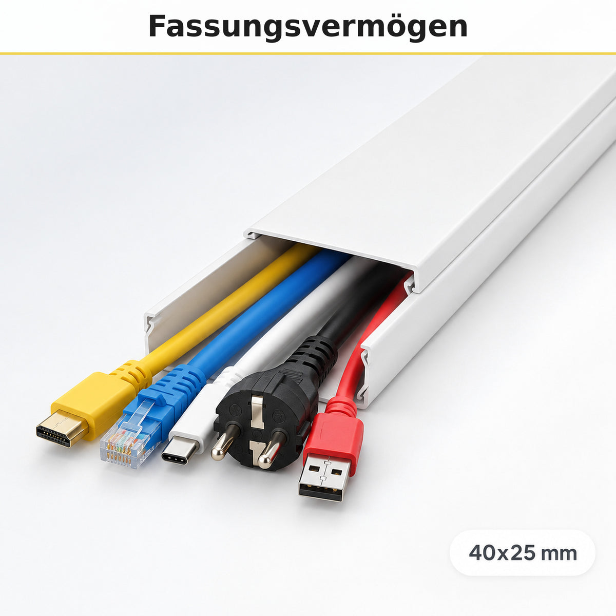 Kabelkanal - 40x25 mm Weiß - Selbstklebend, 2 m — wie viele Kabel passen hinein
