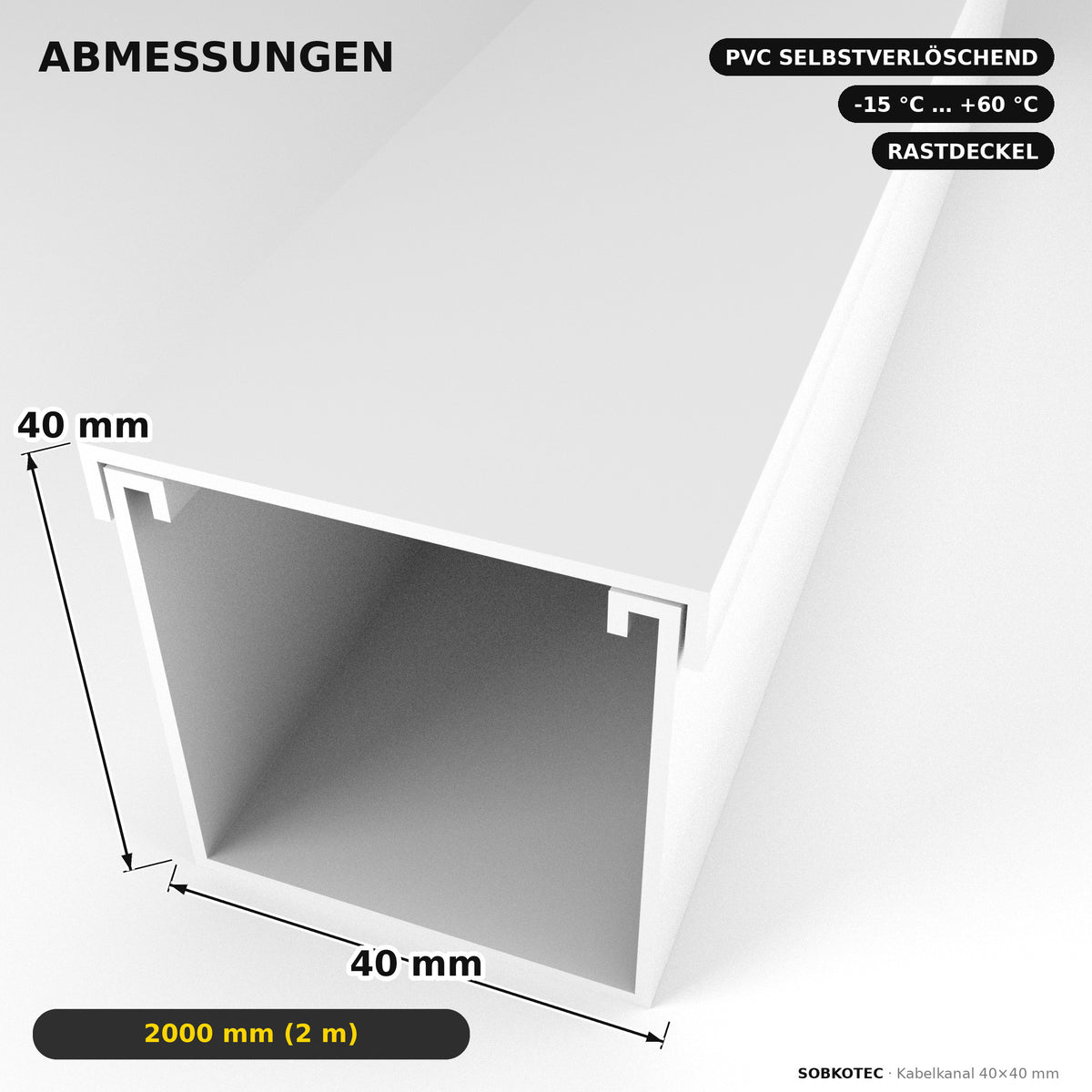 Kabelkanal - 40x40 mm Weiß - Selbstklebend, 2 m — Kabel versteckt, Wand sauber