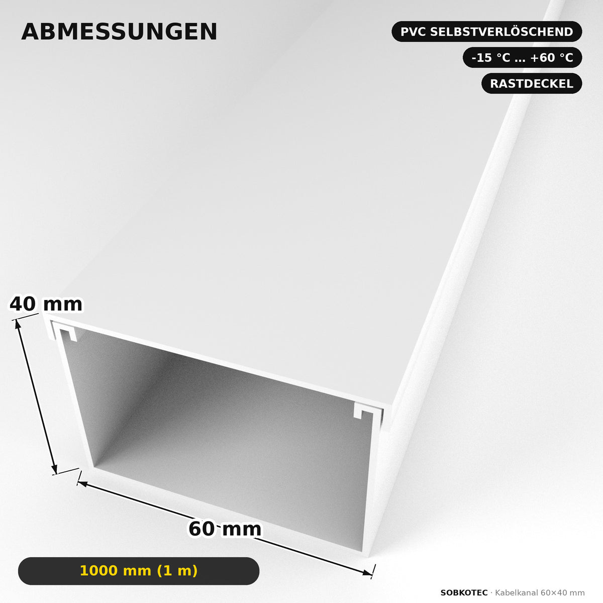 Kabelkanal - 60x40 mm Weiß - Selbstklebend, 1 m — Kabel versteckt, Wand sauber