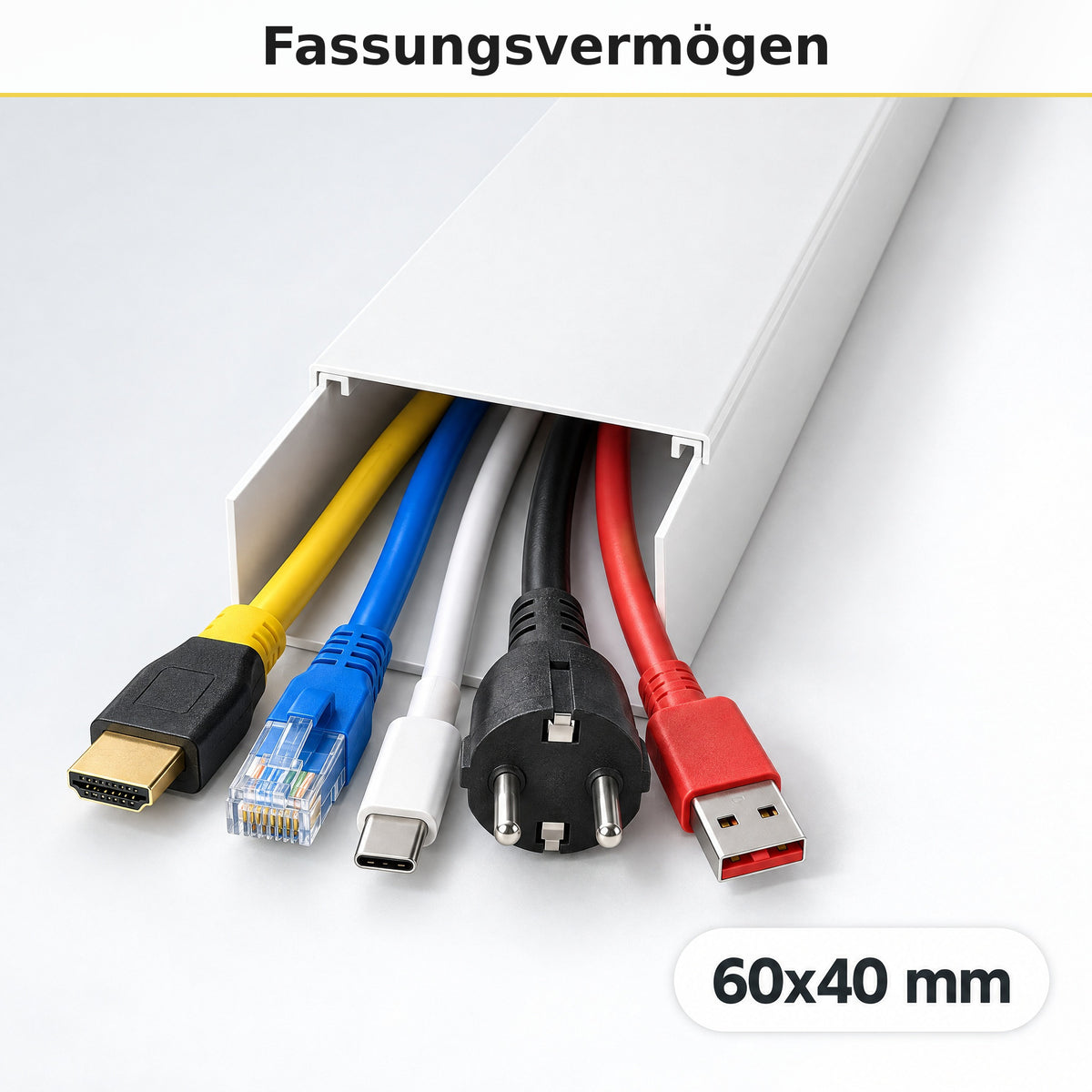 Kabelkanal - 60x40 mm Weiß - Selbstklebend, 1 m — wie viele Kabel passen hinein