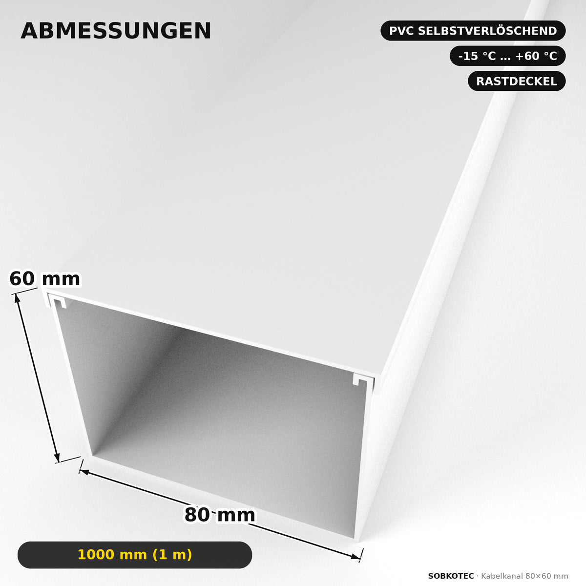 Kabelkanal - 80x60 mm Weiß - Selbstklebend, 1 m — Kabel versteckt, Wand sauber
